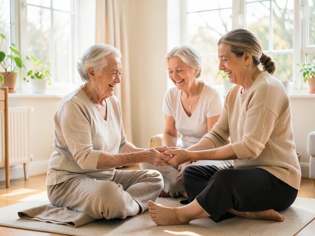 Seniorinnen machen gemeinsam mit einer Betreuerin Sitzgymnastik