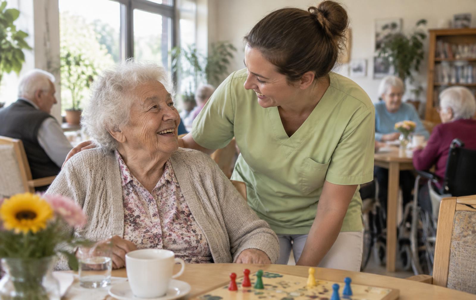 Ältere Dame lacht gemeinsam mit einer Betreuerin in der Tagespflege