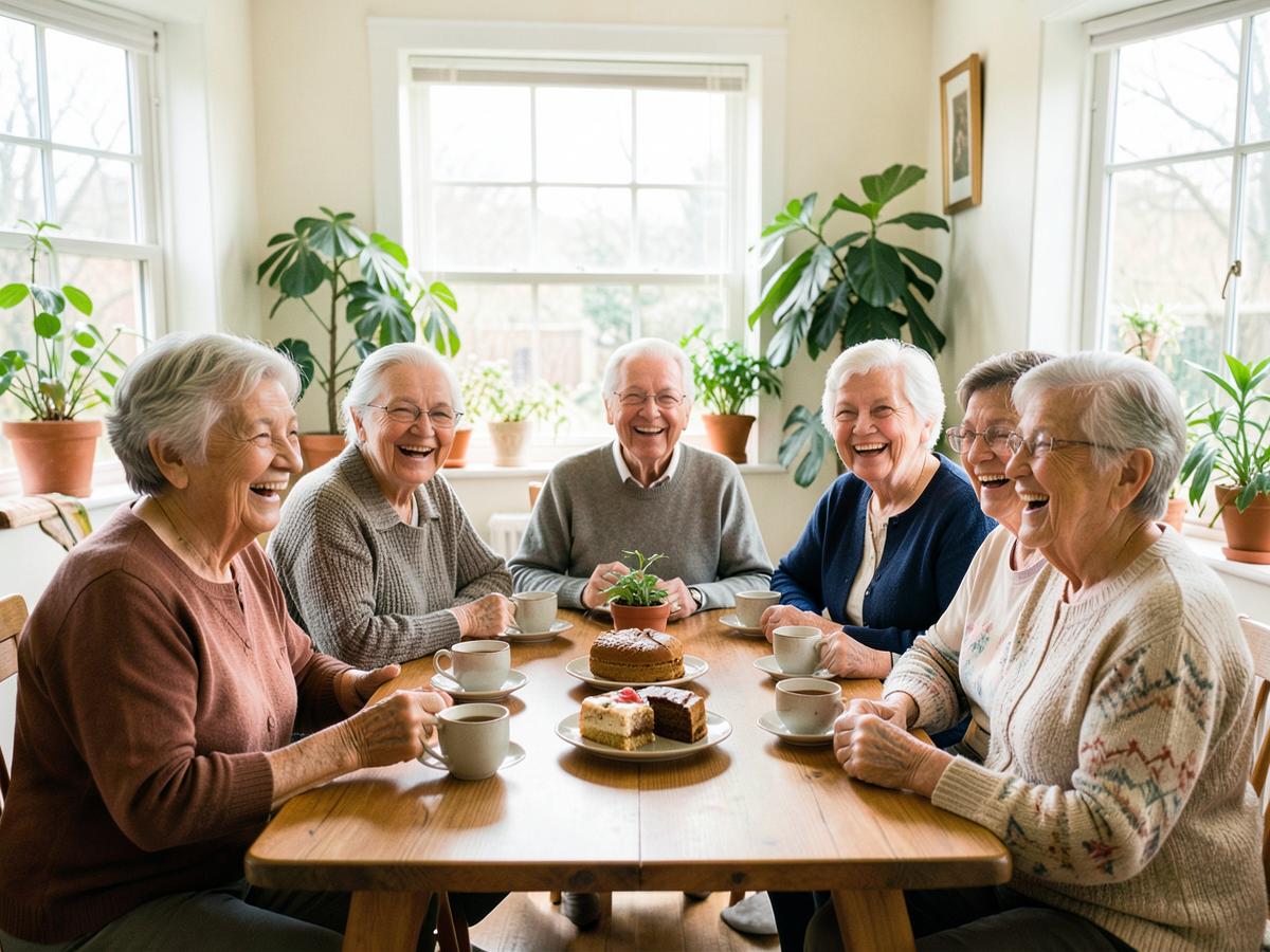 Gruppe älterer Menschen bei Kaffee und Kuchen an einem hellen Tisch